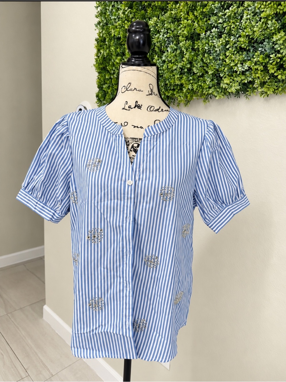 Badgley Mischka Blue White Striped Rhinestone Embellished Top M